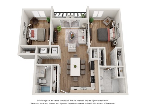 Floor plan for 2 beds, 2 baths, 1132 sqft